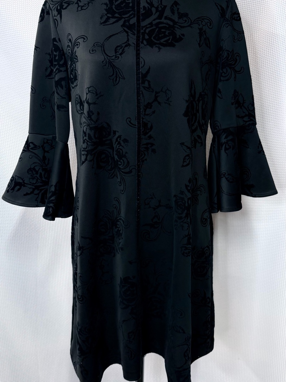 Gabby Skye Black Velvet Burnout Floral Shift Dress with Bell Sleeves